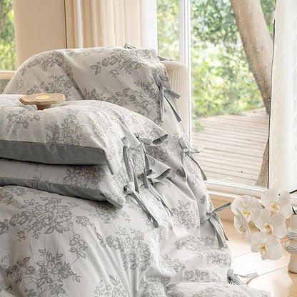 VM VOUGEMARKET Jacquard Floral Duvet Cover Queen Gray Bedding Set, Linen Cotton Yarn-Dyed Comforter Cover 90"x90" with 2 Pillowcases,Soft Breathable,Gray