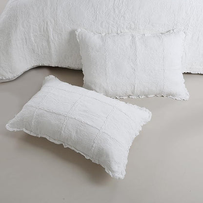 DURLENGEN White Rose Patchwork 100% Cotton King Quilt 3Pcs,White Patchwork with Rose Pattern,Luxury Lightweight Cotton Coverlet Sets for All Season(King 106x96,White Rose Patchwork)