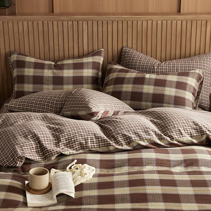 EAVD Vintage Yellow&Brown Plaid Duvet Cover King Soft 100% Muslin Cotton Retro Grid Checkered Plaid Bedding Set with 2 Pillowcases Farmhouse Reversible Gingham Duvet Cover with Zipper Closure