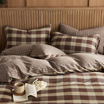 EAVD Vintage Yellow&Brown Plaid Duvet Cover Twin Soft 100% Muslin Cotton Retro Grid Checkered Plaid Bedding Set with 2 Pillowcases Farmhouse Reversible Gingham Duvet Cover with Zipper Closure