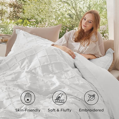 Bedsure Boho Duvet Cover Queen Size - White Breathable & Soft Boho Bedding, Machine Washable Comforter Cover for All Seasons, Includes 1 Duvet Cover 90"x90" with 2 Pillow Shams & Zipper Closure