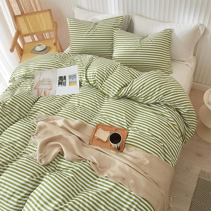mixinni Striped Comforter Set Queen Size - Green White Stripes Pattern Bed Set for All Season, 3 Pieces Lightweight Bedding Comforter Sets for All Seasons (1 Soft Fluffy Comforter + 2 Pillowcases)