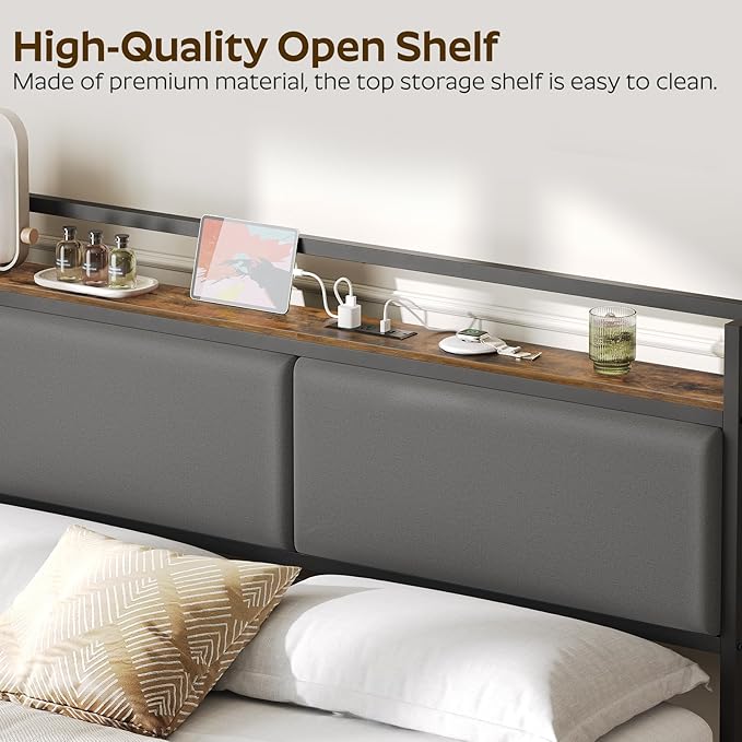 King Size Headboard Only with Storage Shelves, Upholstered Headboard with Charging Station, Height Adjustable, Sturdy and Stable, Vintage Style, Rustic Brown, Gray and Black
