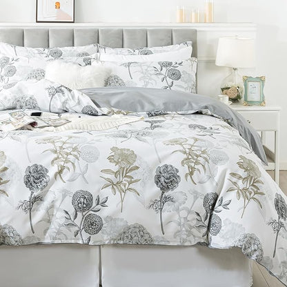 FADFAY Floral Duvet Cover Set Twin XL 100% Cotton College Bedding Ink Grey Hydrangea Comforter Cover Set Soft Breathable Farmhouse Dorm Room School Bedding Twin Extra Long with Zipper 3 Pieces