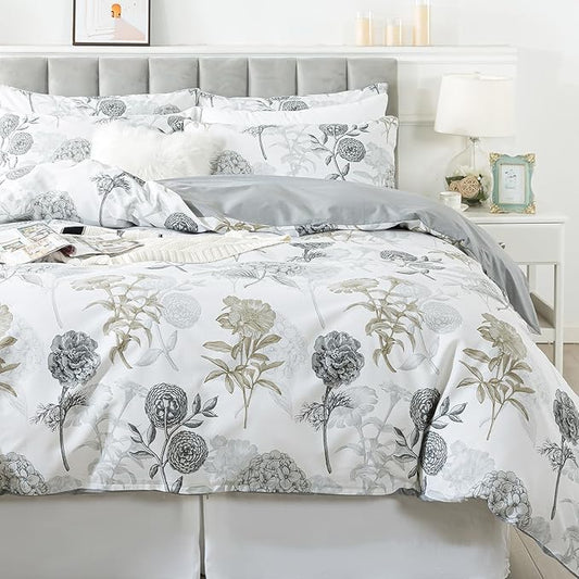 FADFAY Floral Duvet Cover Sets Full Size 100% Cotton Ink Grey Vintage Flower Patterned Hydrangea Comforter Cover Farmhouse Bedding for All Season Soft Crisp Luxury Bed Cover with Zipper 3 Pieces