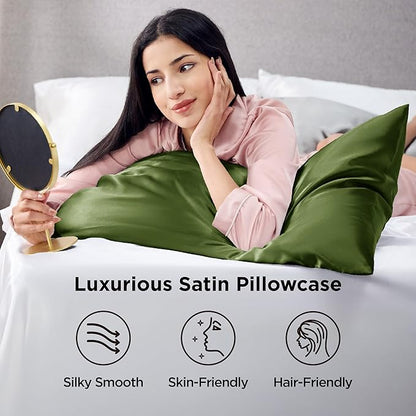 Bedsure Satin Pillowcase for Hair and Skin Queen - Moss Silky Pillowcase 2 Pack with Envelope Closure, Similar to Silk Pillow Cases, Olive Green Decor Gifts for Women Men, 20x30 Inches, 2pcs
