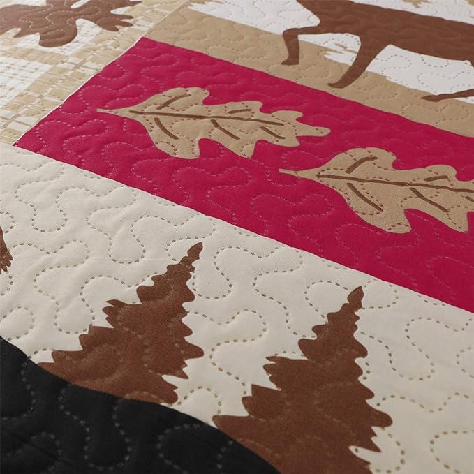 Rustic Quilt Set Full/Queen Size (90"x90") Lodge Cabin Bed Spread Lightweight Coverlet Reversible Bedding Set Deer Bear Bedspreads Wildlife Patchwork Plaid Bed Cover Country Decor With 2 Pillow Shams