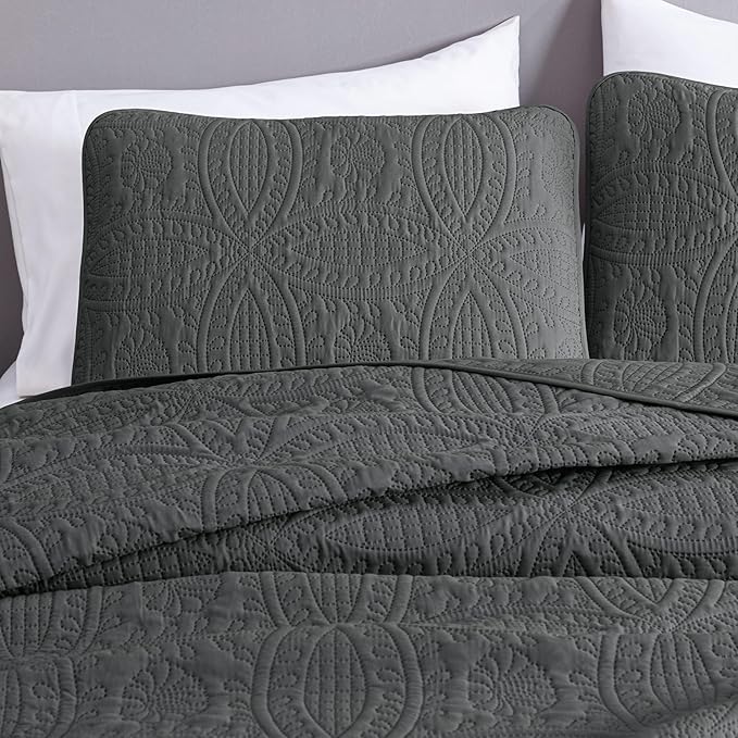 Chezmoi Collection Austin 3-piece Oversized Bedspread Coverlet Set (Queen, Charcoal) | Oversized, Lightweight, Fade Resistant