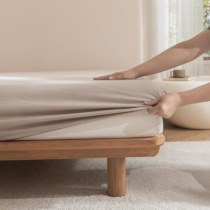 JIYUAN King Size Sheet Set, 4-Piece - 100% Washed Cotton, Linen-Like Soft & Breathable, Includes Deep Pocket Fitted & Flat Sheet with 2 Pillowcases, Hotel Quality, Heathered Warm Taupe
