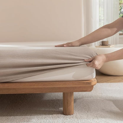 JIYUAN California King Size Sheet Set, 4-Piece - 100% Washed Cotton, Linen-Like Soft & Breathable, Includes Deep Pocket Fitted & Flat Sheet with 2 Pillowcases, Hotel Quality, Heathered Warm Taupe