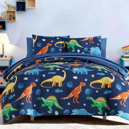 Full Size Comforter Set for Boys-7 Pieces Navy Dinosaur Full Bedding Sets for Kids, Ultra Soft Bed in A Bag with Sheets
