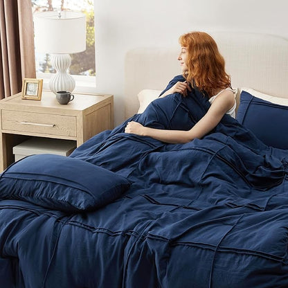 Bedsure Full Comforter Set with Sheet - 4 Pieces Soft Navy Blue Bedding, Grid Pinch Pleat, All Season Lightweight Fluffy Bed Set with Solid Boho Comforter, Pillowcases & Sheet