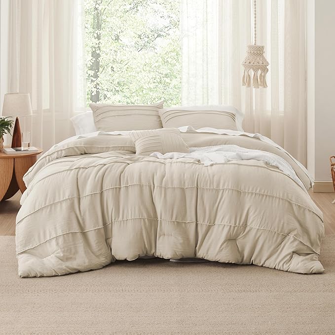 Bedsure California King Comforter Set - 4 Pieces Pinch Pleat Bed in A Bag, Linen Boho Bedding Sets for Summer, 1 Soft Comforter, 2 Pillowcases, 1 Decorative Pillow
