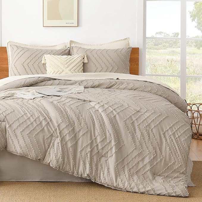 Litanika Comforter Super King Size Set Khaki, 3 Pieces Chevron Tufted Solid Bedding Comforter Sets, Fluffy Bed Set