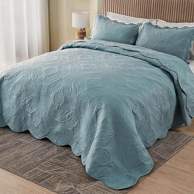 Oversized Cal King Bedspreads 120x120 for Extra Tall Split California King Bed Lightweight Quilted Coverlet Set 3 Pieces 1 Quilt 2 Pillow Shams Blue