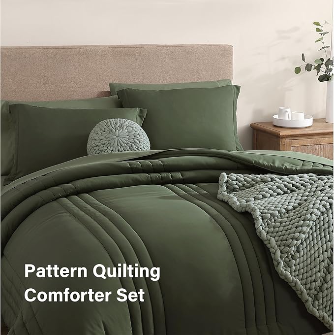 Monbix Queen Comforter Set - 7 Pieces Olive Green Bed in a Bag Queen Bedding Sets with Comforters, All Seasons Comforter Bed Set with Sheets, Pillowcases & Shams