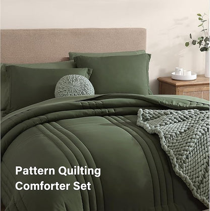 Monbix King Size Comforter Set - 7 Pieces Bed in a Bag King, Olive Green Bedding Sets with Comforter, All Seasons Comforter Bed Set with Sheets, Pillowcases & Shams