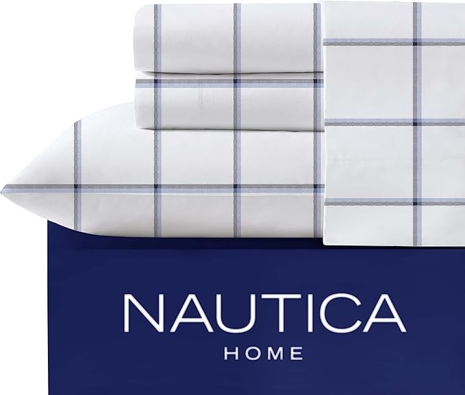 Nautica - Queen Sheet Set, Cotton Percale Bedding Set, Crisp & Cool, Stylish Bedding Set (Plot Blue, Queen)