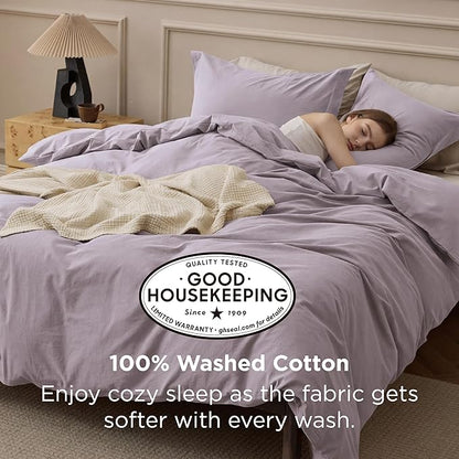 Bedsure 100% Washed Cotton Duvet Cover King Size - Lavender Minimalist Bedding Set Linen Like - PureWoven Plain Simple & Soft Comforter Cover for All Seasons (Lavender, King, 104"x90")