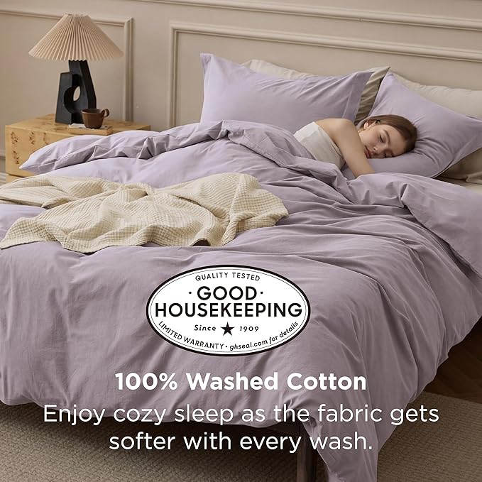 Bedsure 100% Washed Cotton Duvet Cover Queen Size - Lavender Minimalist Bedding Set Linen Like - PureWoven Plain Simple & Soft Comforter Cover for All Seasons (Lavender, Queen, 90"x90")