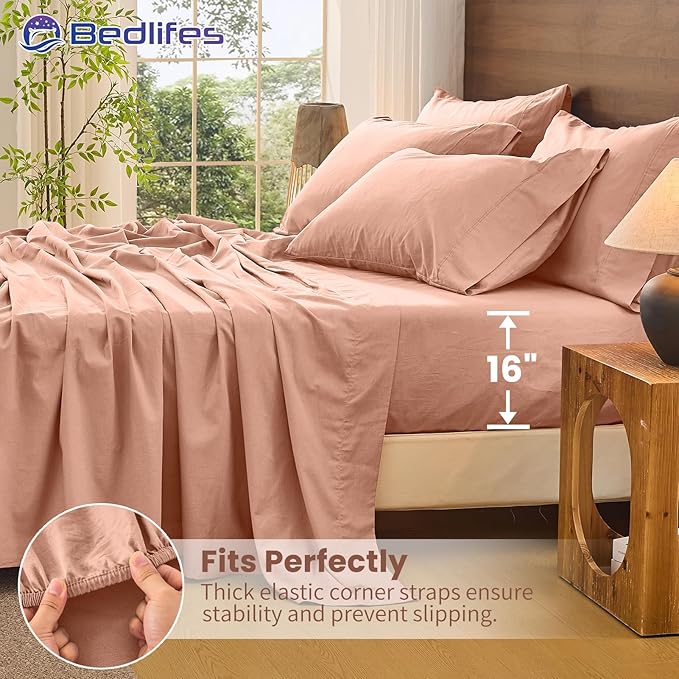 Bedlifes 100% French Pure Linen Sheets California King Size Breathable and Cooling Flax Sheet Set Soft Durable and Moisture Wicking 16 Inch Deep Pocket-4 Piece(Cal King,Blush Pink)