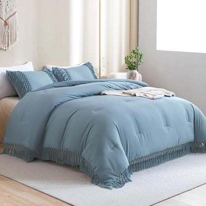 Andency Grayish Blue Comforter Set King, 3 Pieces Boho Tassel Lightweight Soft Bedding Comforter Sets for King Bed, All Season Fluffy Fringe Bed Set (104x90In Comforter & 2 Pillowcases)