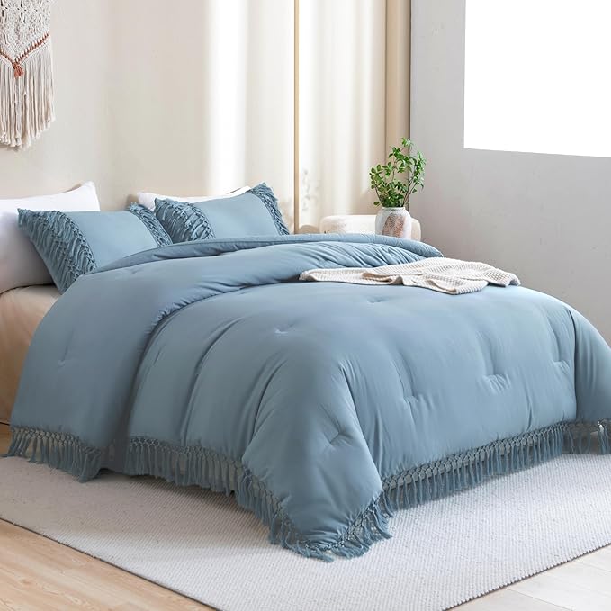 Andency Grayish Blue Full Size Comforter Set, 3 Pieces Boho Tassel Lightweight Soft Bedding Comforter Sets, All Season Fluffy Fringe Bed Set (79x90In Comforter & 2 Pillowcases)