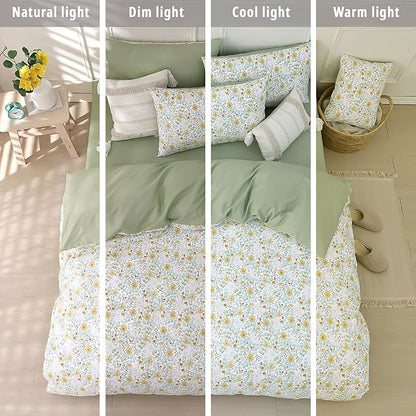 Floral Cotton Comforter King Size 3Pcs - Yellow and Blue Tiny Flowers & Little Lambs on White, Sage Green Back, Reversible Lightweight Bedding Sets with Soft Fill(King, 104"×90")