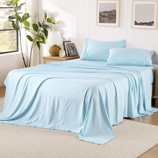 ROSE&RISY King Size Sheet Set, Pre-Washed Microfiber Cotton-Like 4 Pcs Ultra Soft Bedding Set King, Breathable Cooling Skin-Friendly All Seasons, 1 Fitted, 1 Flat, 2 Pillowcases (Baby Blue, King)