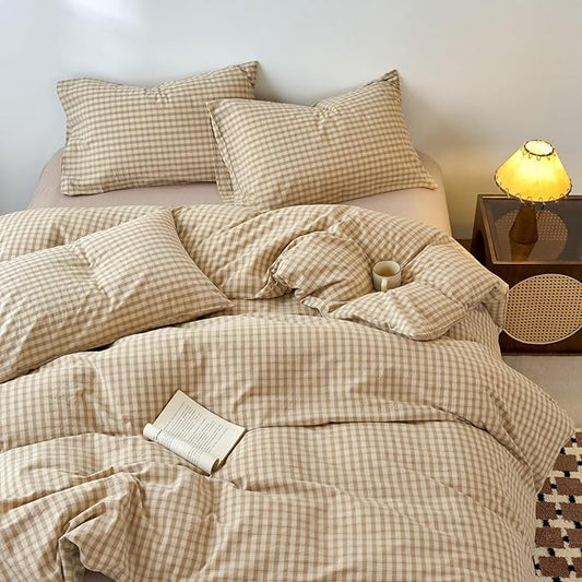 LifeTB Brown Gingham Duvet Cover Grid Bedding Set King 100% Washed Cotton Vintage Plaid Checkered Comforter Cover 3 Piece Beige Tan Plaid Duvet Cover Linen Feel Farmhouse Gingham Bedding Set King