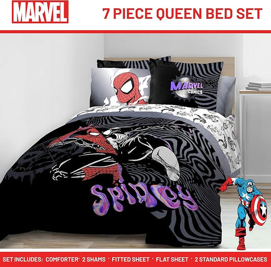 Jay Franco Kids Comforter Set Includes Sheets and Pillow Covers - Soft and Cozy Bed Set for Stylish Room Decor, Black - Marvel Comics, 7 Piece Queen Size Bedding