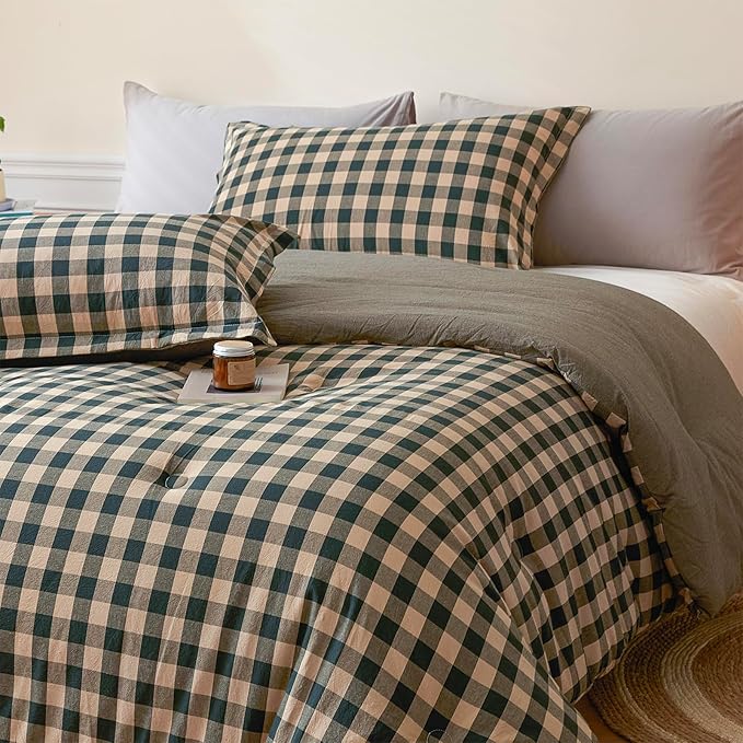 Cyusri Cotton Plaid Twin Comforter Set - Soft Lightweight Bedding 2 Pieces Dyed Bed Set with 1 Pillow Shams,Reversible All Season Farmhouse Down Alternative(Twin Size 68"x90" Dark Green)