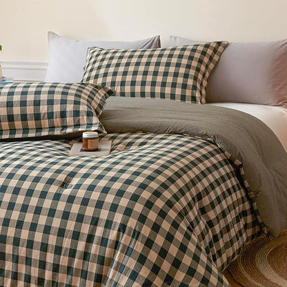 Cyusri Cotton Plaid Twin Comforter Set - Soft Lightweight Bedding 2 Pieces Dyed Bed Set with 1 Pillow Shams,Reversible All Season Farmhouse Down Alternative(Twin Size 68"x90" Dark Green)