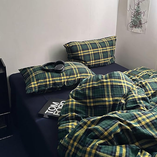 MKXI King Size Forest Green & Mustard Yellow Plaid Duvet Cover Set, 3 Piece All Season Washed Cotton Bedding, Vintage Preppy Style Rustic Outdoor Bed Set with Zipper Closure & Corner Ties