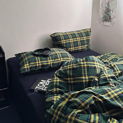 MKXI Queen Size Forest Green & Mustard Yellow Plaid Duvet Cover Set, 3 Piece All Season Washed Cotton Bedding, Vintage Preppy Style Rustic Outdoor Bed Set with Zipper Closure & Corner Ties