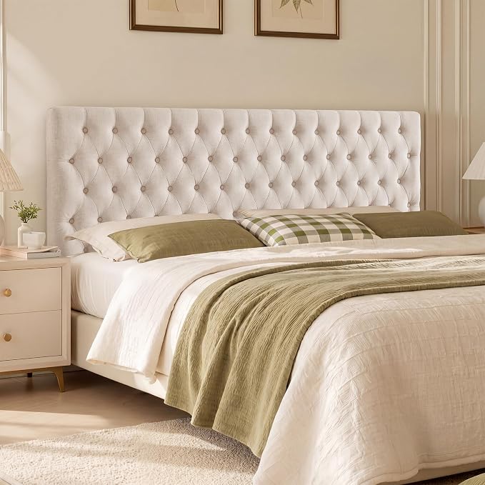 Upholstered Queen Headboard Only, Premium Linen Button Tufted Headboards, Adjustable Solid Wood Head Board, Padded Headboard with Solid Wood Legs in Bedroom (Beige)