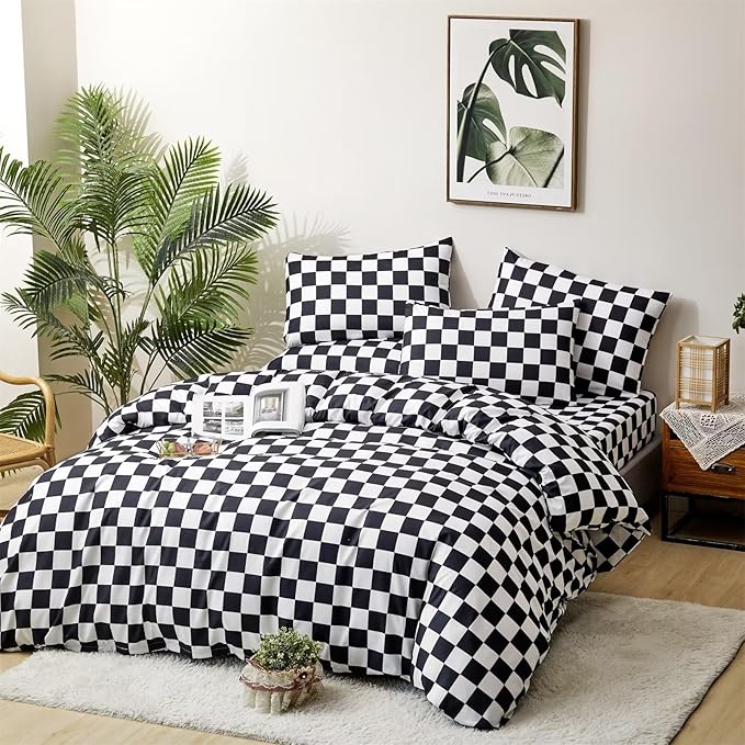 Houseri White Black Plaid Comforter Set Cal King Black and White Checkerboard Comforter California King Size Black Buffalo Checkered Bedding Elegant Grid Gingham Checker Comforter Sets California King