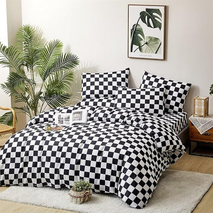 Houseri White Black Plaid Comforter Set Cal King Black and White Checkerboard Comforter California King Size Black Buffalo Checkered Bedding Elegant Grid Gingham Checker Comforter Sets California King