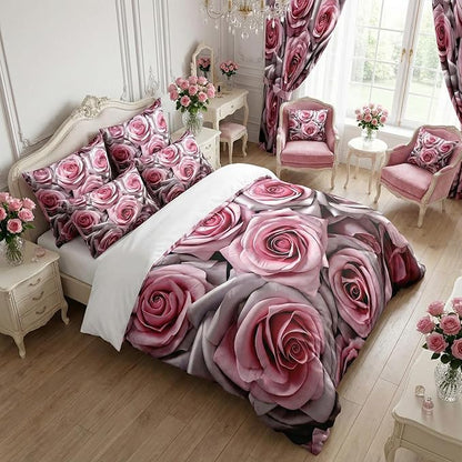 Pink Floral Comforter Set Queen Size for Women, Light Pink Rose Mirofiber Bedding Set for Victorian Romantic Bedroom Decor - 3Pieces 1 Comforter(90 * 90) & 2 Pillowcases