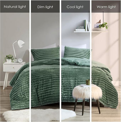 Intelligent Design Queen Comforter Set, Cozy Plush Bedding, Microfiber Reverse, 3 Piece, Lightweight, Super Soft Ribbed Velvet Comforter 2 Shams, All Season Fluffy Bed Set, Avril, Full/Queen Green