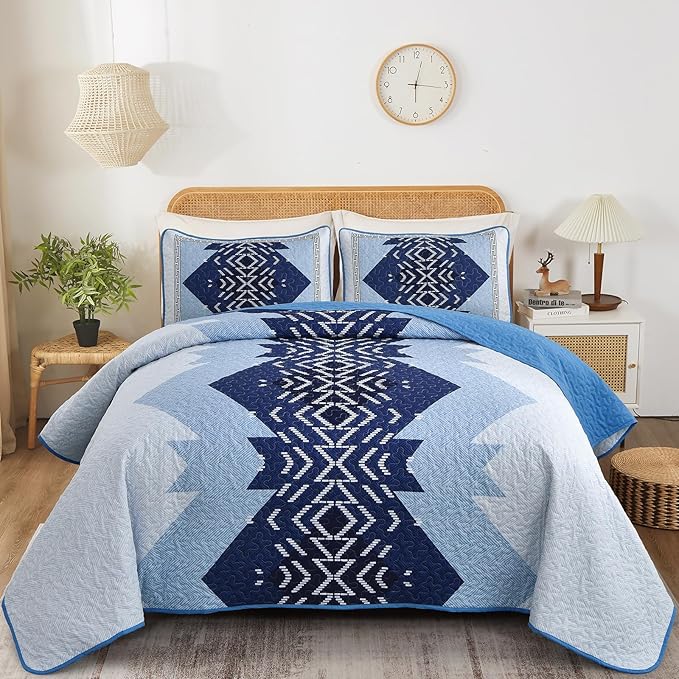 Dintszyayue Blue Quilt Set Queen Size,3 Pieces Aztec Texture Bedding Coverlet Set Boho Bedspread Geometric Pattern Quilt Bedding Set Reversiber Microfiber Quilt Bed Spread for All Season(Blue,90"x96")
