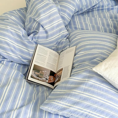 Blue Striped Duvet Cover Set Full, Stripes Pattern Printed 100% Washed Cotton Bedding Set, Minimalist Blue White Striped Comforter Cover with 2 Pillowcases, 3 Pieces Soft Breathable Duvet Cover Full