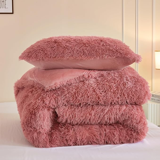 Andency Fluffy Old Pink Comforter Set King Size, 3 Pieces Winter Faux Fur Warm Soft Fuzzy Plush Bedding Comforter Set (1 Velvet Comforter & 2 Pillowcases), Thick Heavy Puffy Comforters Bedding Set