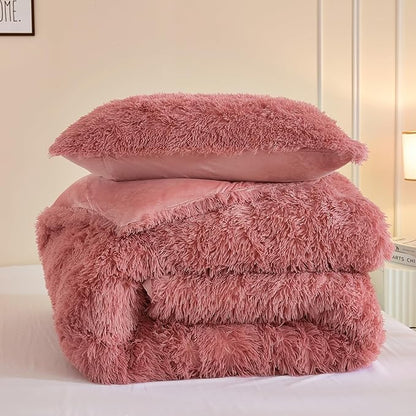 Andency Fluffy Old Pink Comforter Set King Size, 3 Pieces Winter Faux Fur Warm Soft Fuzzy Plush Bedding Comforter Set (1 Velvet Comforter & 2 Pillowcases), Thick Heavy Puffy Comforters Bedding Set