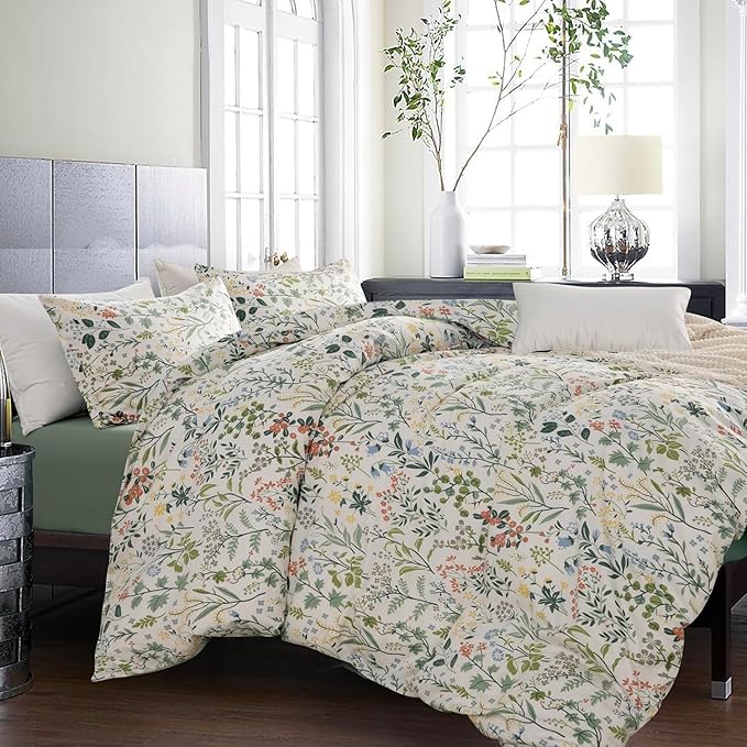 HighBuy King Size Comforter Set Aesthetic Floral Bedding Comforter Set(1 Boho Comforter & 2 Pillowcases) Lightweight Bedding Quilted Comforter for Women Girl All Season