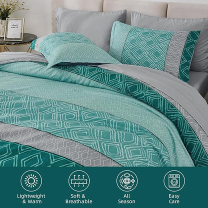 Dinjoy Teal Green King Size Comforter Set,Striped Boho Bed in a Bag King 7 Pieces Soft Bedding Comforters Sets with Sheet Beds Warm Microfiber Complete Set for All Season