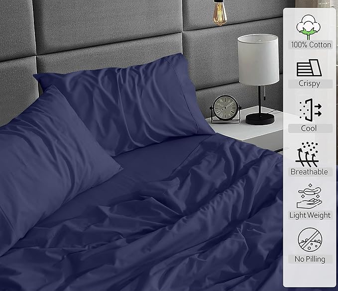 RUVANTI 100% Cotton Sheets – Full Size Percale Bedding, Cooling & Breathable, Durable with a Crisp, Soft & Comfortable Feel, 16" Deep Pocket, 4-Piece Set, Crown Blue