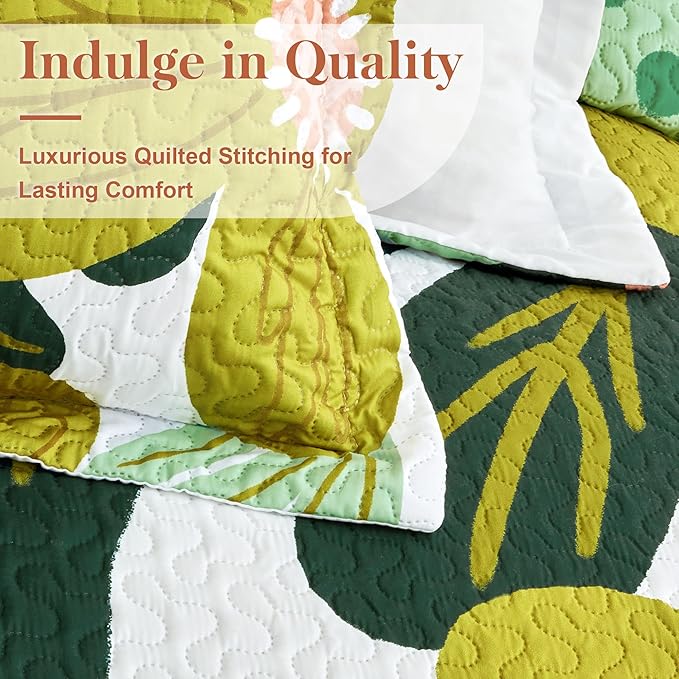 3 Piece Boho Floral Full/Queen Quilt Sets Farmhouse Reversible Lightweight Bedspread Coverlet with 2 Shams Mid Century Botanical Leaves Microfiber Bedding Quilts Set for All Season, 90''x96''