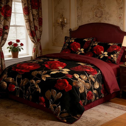Black Red Roses Comforter Set King Size, Vintage Gothic Floral Bedding on Burgundy Backround - 3Pcs Romantic Microfiber Quilted Set with 2 Pillowcases for All Season, 104"x90"