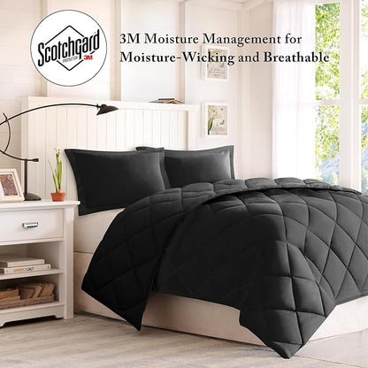 Madison Park Comforter Set, Reversible Down Alternative All Season Microfiber Bedding, 3M Scotchgard Stain Release, Full/Queen Dorm Comforter, Black/Black